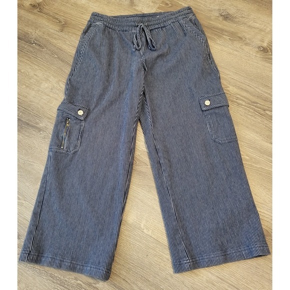 Rafaella Blue White Striped Nautical Resort Pull On Cropped Pants Women's Small‎ - Picture 1 of 9